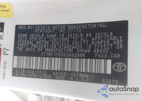 2012 Toyota Camry Se из США, поврежденный, VIN 4T1BF1FKXCU602886